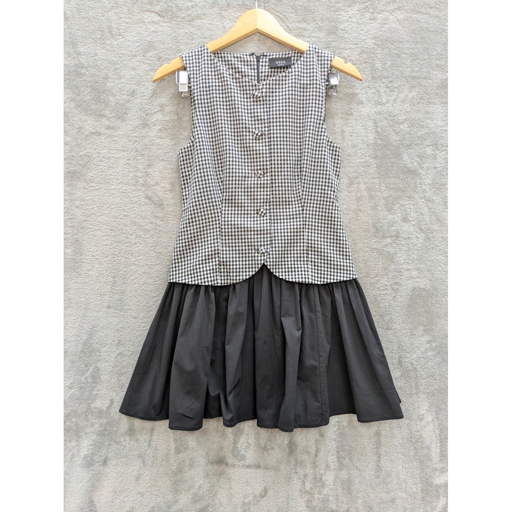 Preppy Gingham Mixed Media Mini Dress Women Small Black White Sleeveless VICI
